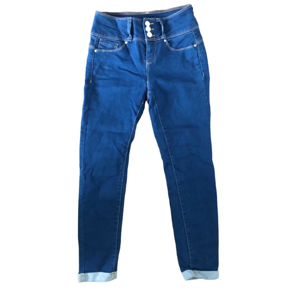 Forever 21 Denim Rolled Cuff Skinny Ankle Cropped Jeans High Waist Solid Blue - Picture 8 of 8